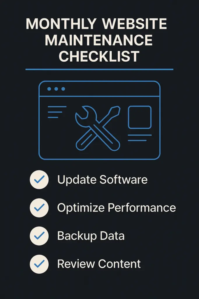 Infographic of monthly website maintenance tasks for performance, SEO, security, and backups.