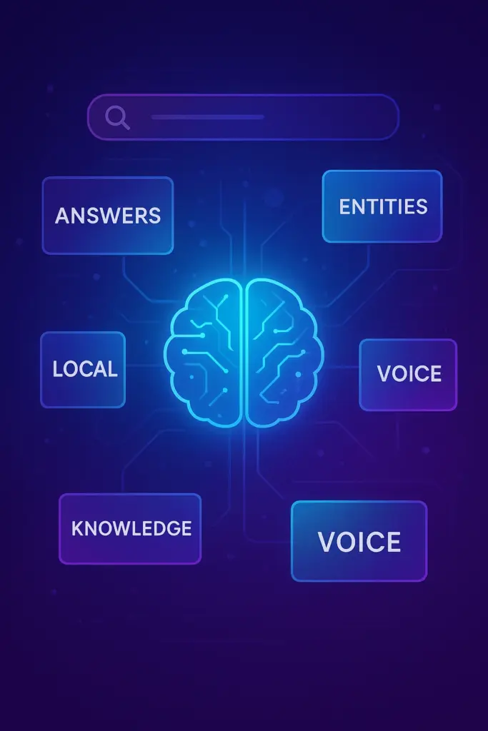 Conceptual AI-driven search interface with answer cards and entity knowledge nodes