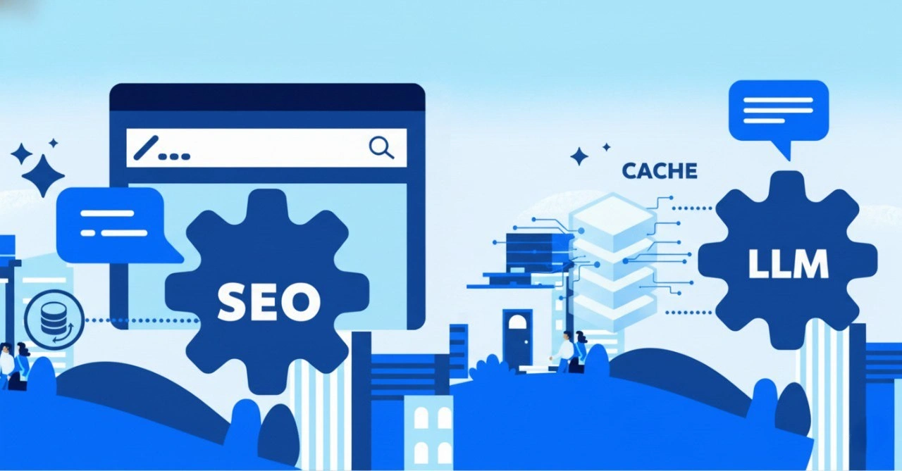 Concept illustration showing SEO and LLM caching connection, symbolizing how AI memory enhances search optimization and brand visibility