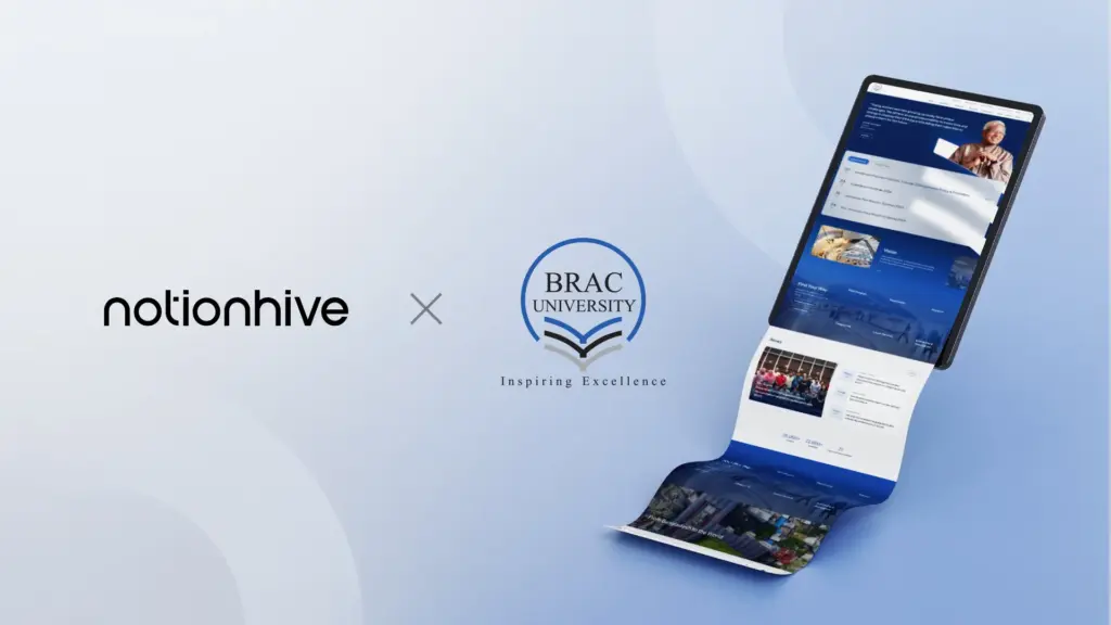 Notionhive and BRAC University collaboration visual showcasing the redesigned university website on a digital screen with modern UI/UX elements