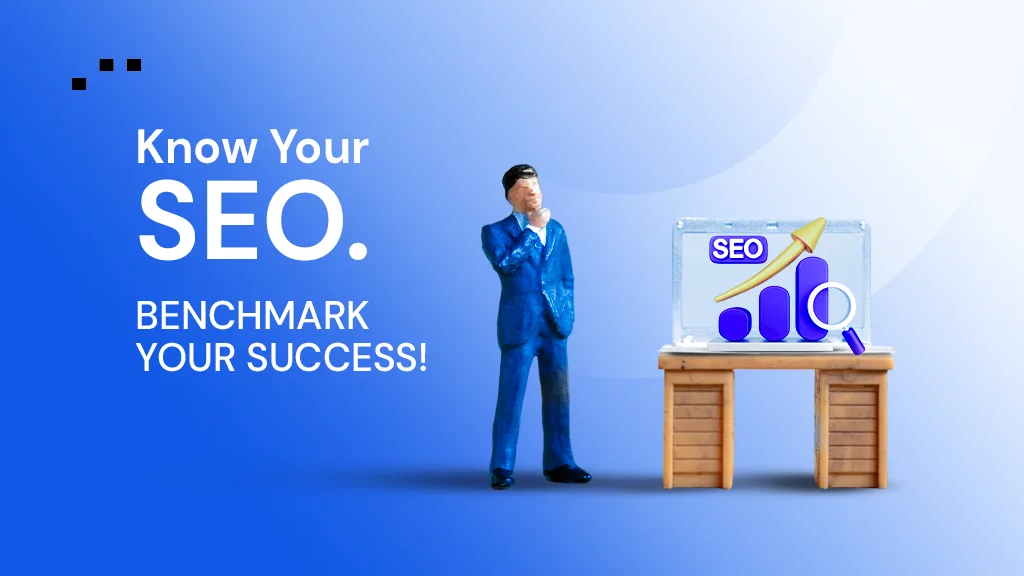 Illustration showing a business person analyzing SEO benchmarking data on a screen with growth chart and magnifying glass