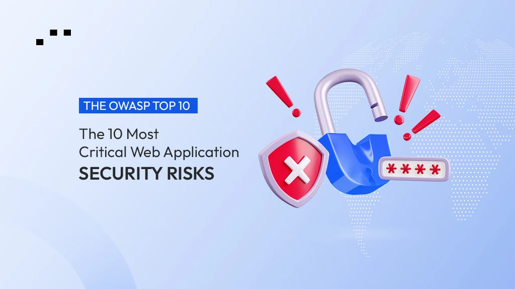 A graphic representing the 10 most critical web application security risks, highlighting potential threats like injection attacks, misconfigurations, and cryptographic failures.
