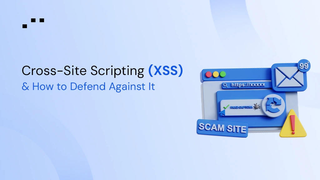 Illustration showing a browser window targeted by malicious scripts, warning icons, and security elements representing cross-site scripting attacks and defense