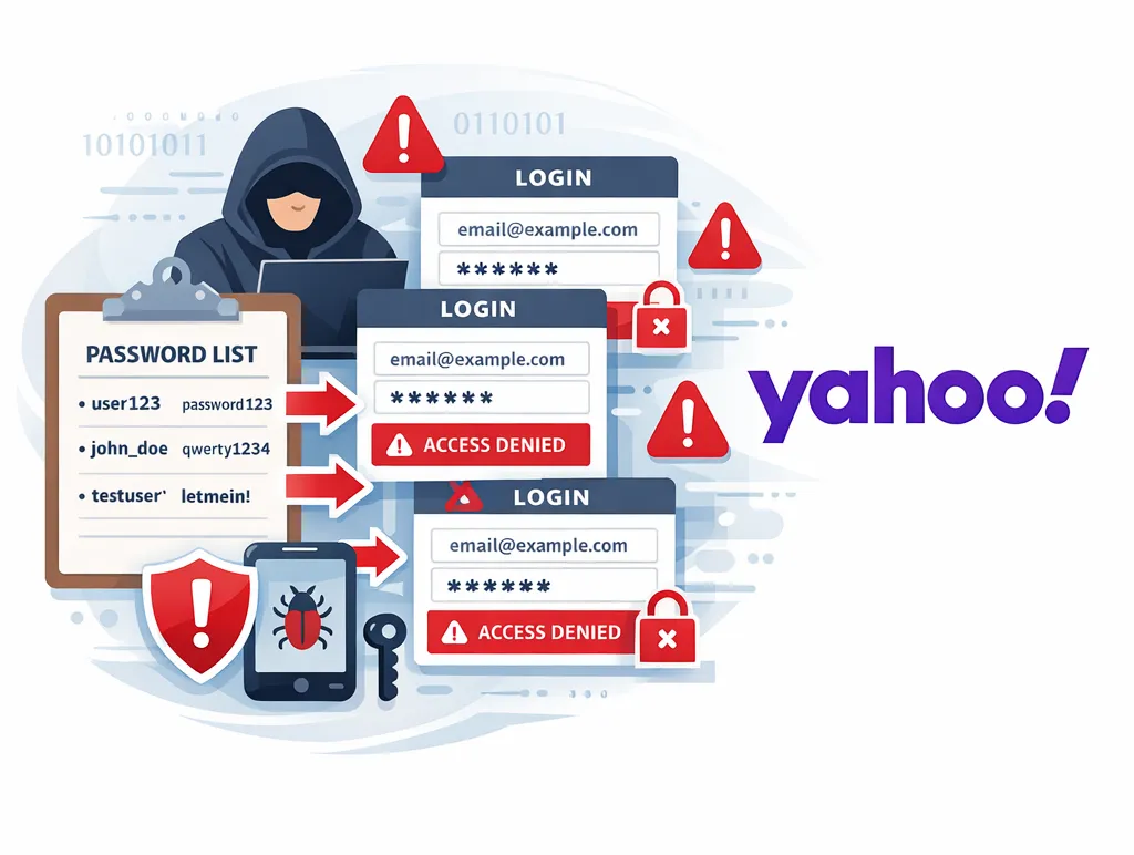 Graphic showing hacker attempting multiple Yahoo logins using leaked passwords.