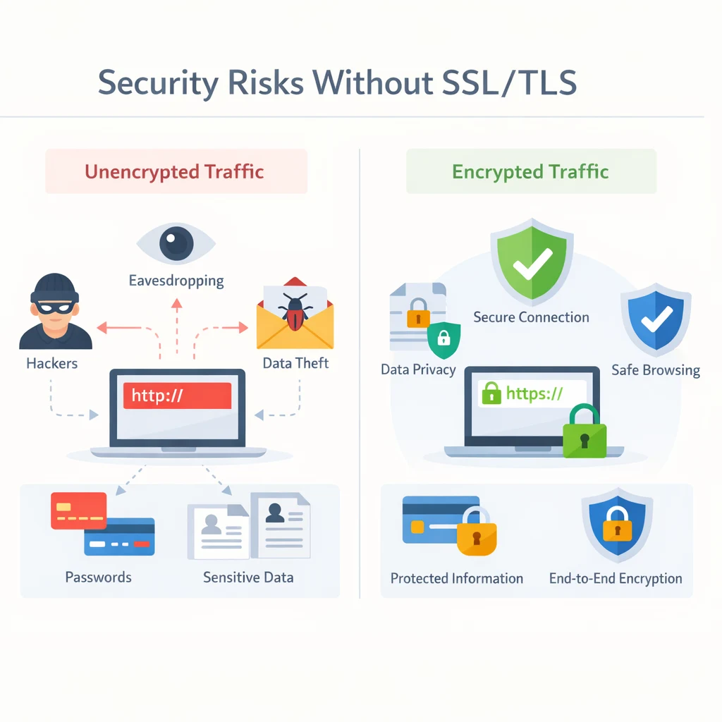 Illustration highlighting security risks in web applications without SSL/TLS, including data interception, session hijacking, and exposure of sensitive user information.