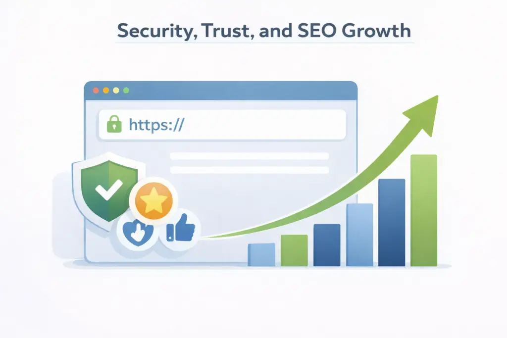 Illustration showing a secure HTTPS web application with a padlock, trust indicators, and an upward growth chart representing how SSL/TLS improves security, user trust, and SEO for web applications.