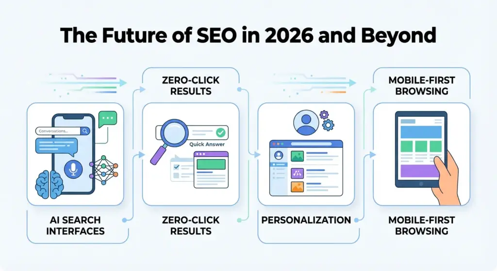 Illustration depicting the future of SEO with AI search interfaces, zero-click results, personalization, and mobile-first browsing.