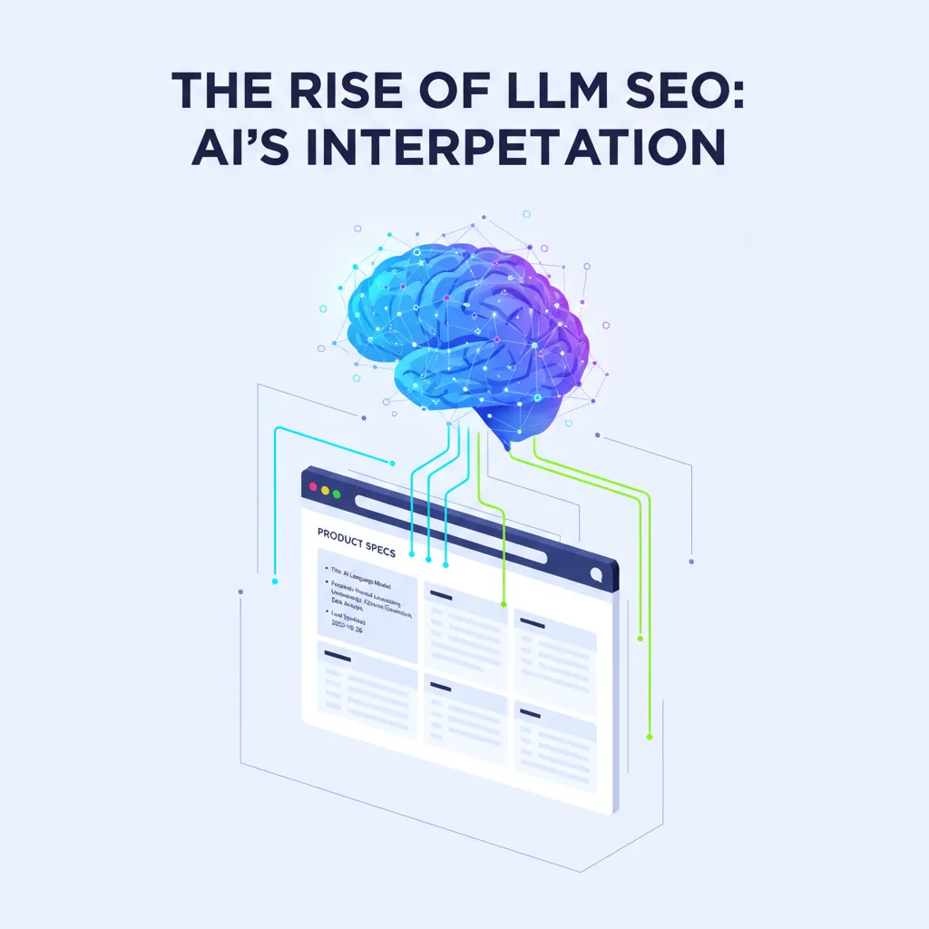 Illustration showing the rise of LLM SEO with AI's interpretation of product specs, represented by a brain connecting to a webpage.