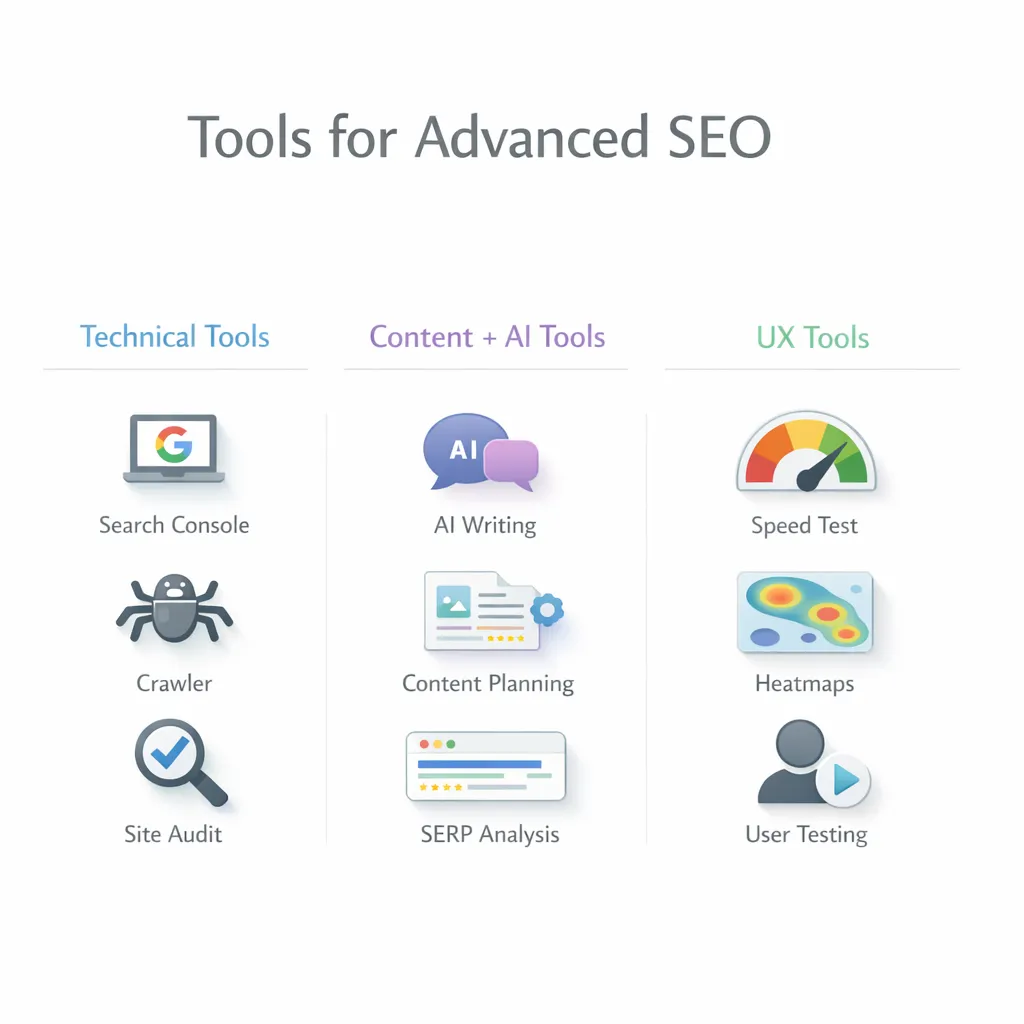 Tools for advanced SEO showing technical tools, content and AI tools, and UX tools used for optimization.