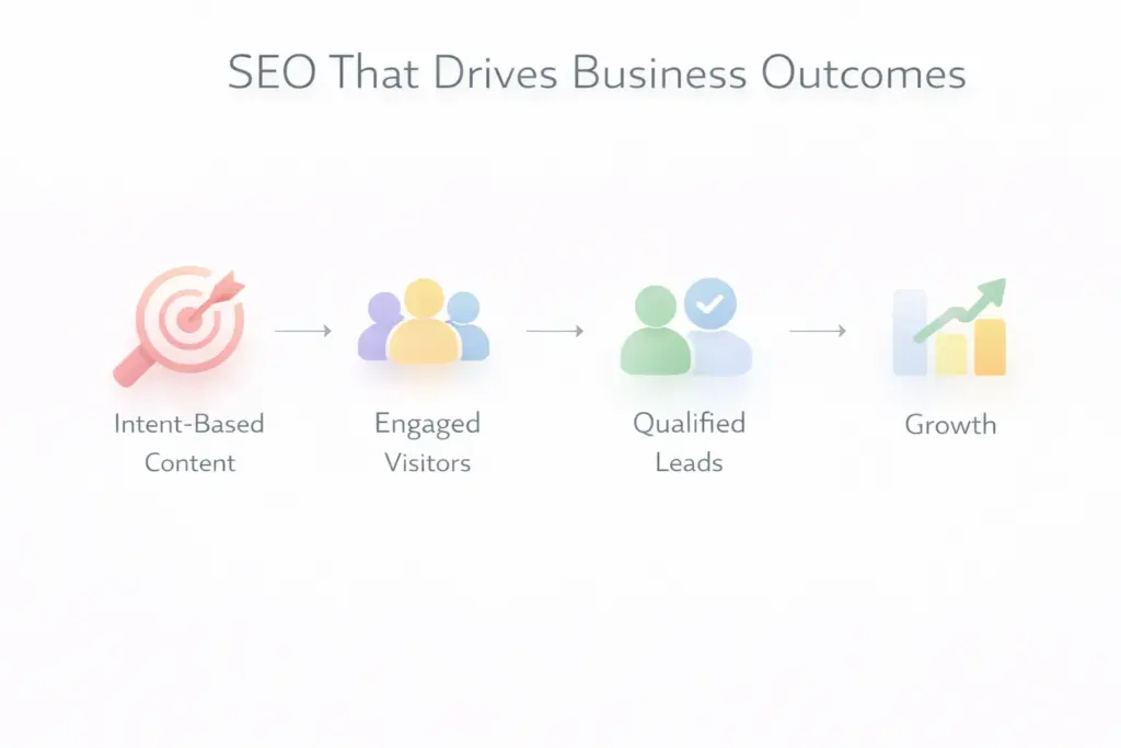 Advanced SEO process showing intent-based content leading to engaged visitors, qualified leads, and business growth.
