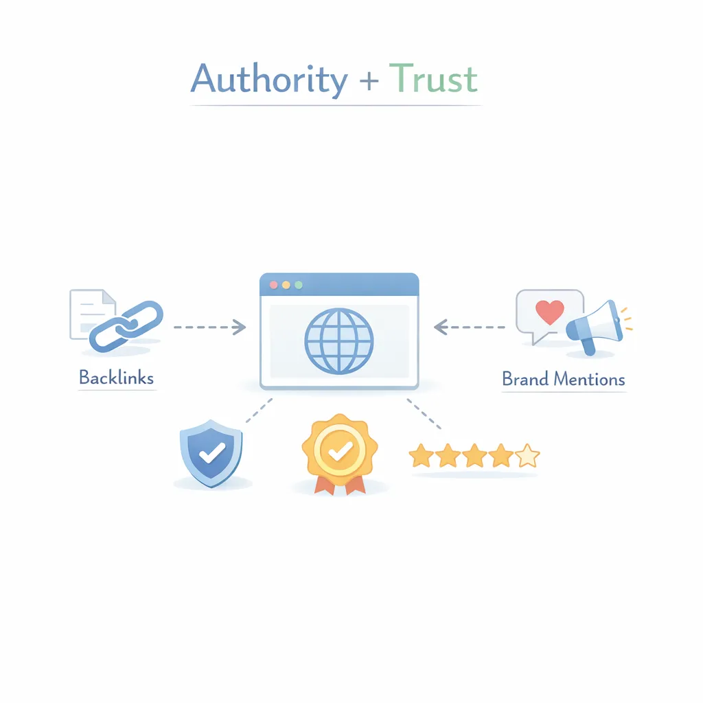 Authority and trust signals in SEO including backlinks, brand mentions, and credibility indicators.