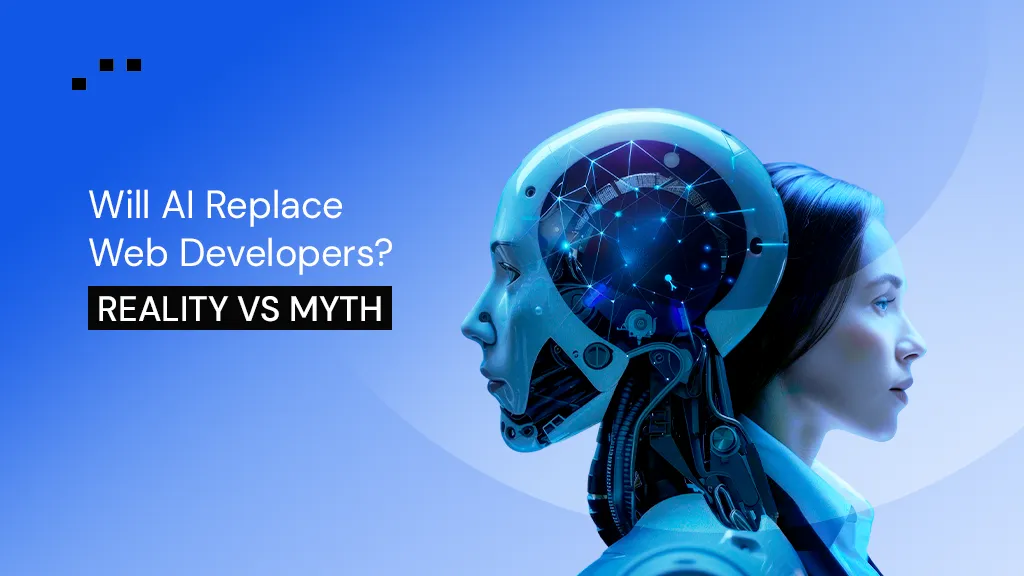 ai robot and human developer concept representing the debate about whether AI will replace web developers in the future