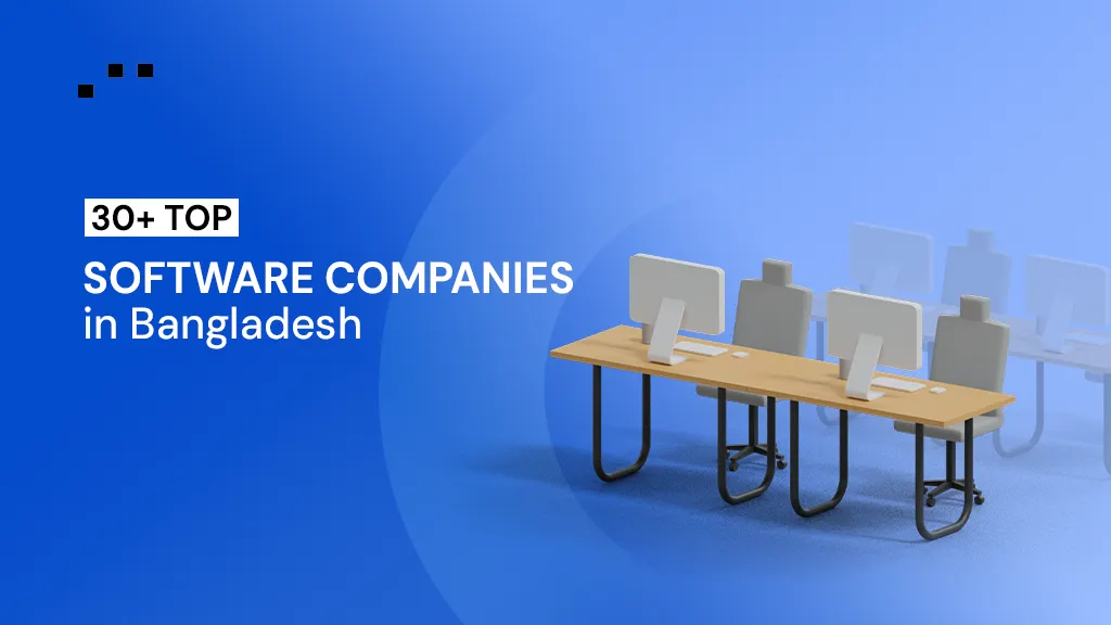 30+ top software companies in Bangladesh — illustrated with a 3D render of a modern office workspace with computers and chairs